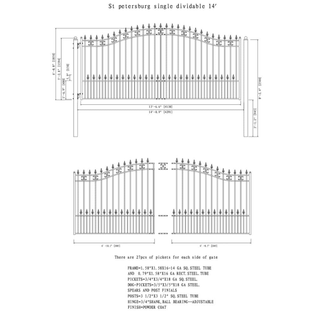 St. Louis Style Black Steel Arched Driveway Gate - 14 x 6 Feet