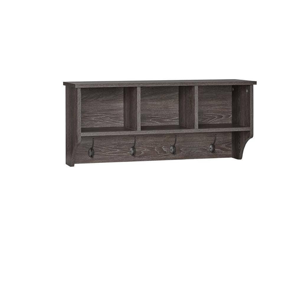 Woodbury Weathered Woodgrain Entryway Wall Coat Rack Storage with Hooks and Open Cubby Shelves for Hallway
