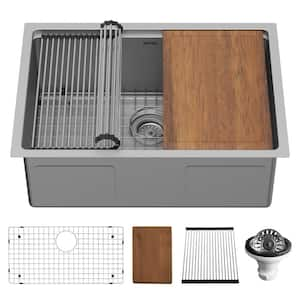 27 in. Undermount Single Bowl 16-Gauge Stainless Steel Workstation Kitchen Sink