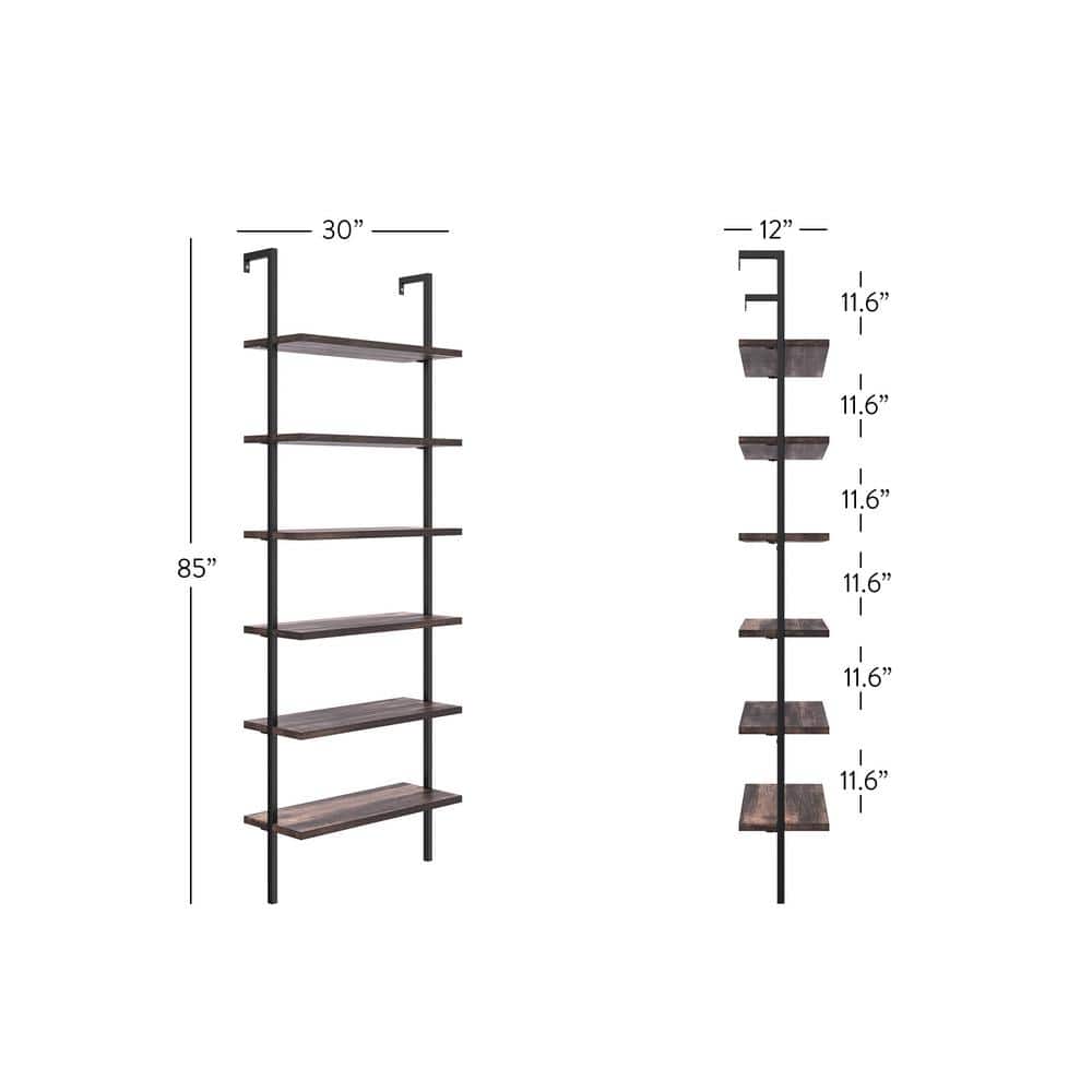 Theo 6-Tier Nutmeg & Matte Black Industrial Ladder Bookshelf