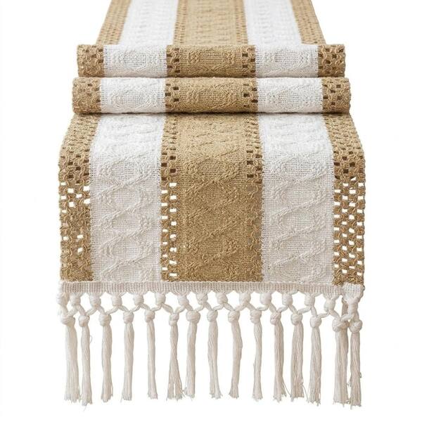 12 in. W x 72 in. L Brown Striped Cotton Boho Table Runner with Tassels for Table Decor 1 Pack