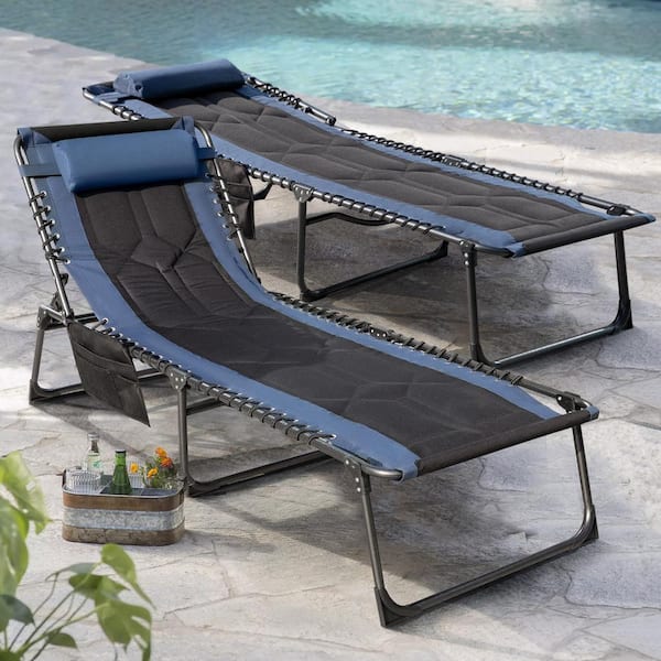 Foredawn Metal Outdoor Lounge Chairs Folding Chaise Lounge Chair, 4-Position Adjustable with Pillow and Side Pocket, Navy