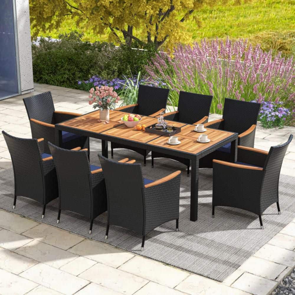 9-Piece Wicker Rectangle Outdoor Dining Set with Navy Cushions and Acacia Wood Table Top