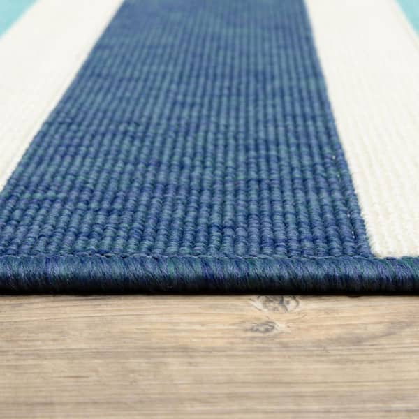 Blue, Ivory 8 ft. x 8 ft. Loomed Geometric Polypropylene Round Indoor/Outdoor Area Rug