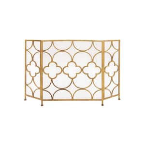 Gold Metal 50 in. W Foldable Mesh Netting 3 Panel Geometric Fireplace Screen with Quatrefoil Design