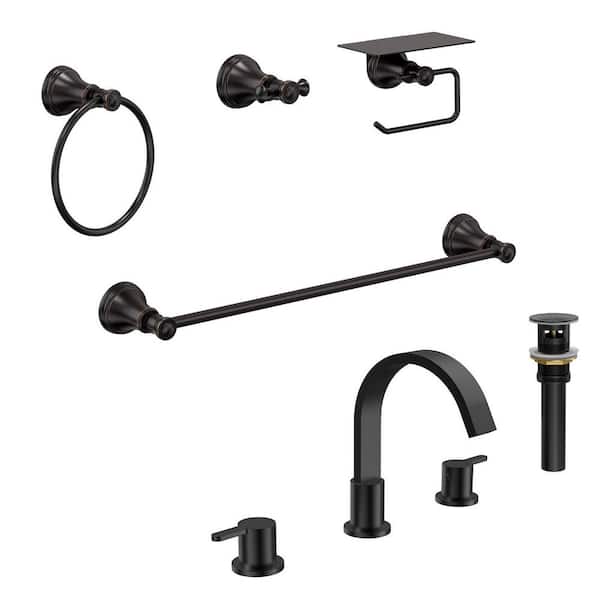 Waterfall 3-Hole 8 in. Widespread 2-Handle Bathroom Faucet with Towel Rack Set and Pop-Up Drain in Oil Rubbed Bronze