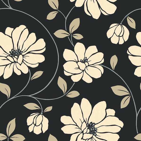 The Wallpaper Company 8 in. x 10 in. Beige and Black Large Scale Dramatic Floral Wallpaper Sample