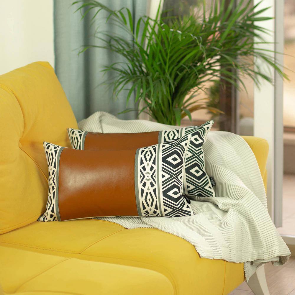Bohemian Brown and Ivory Vegan Faux Leather Lumbar Throw Pillows Set of 2