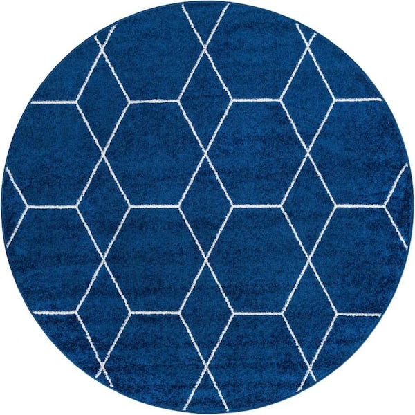 Trellis Frieze Navy/Ivory 5 ft. x 5 ft. Round Geometric Area Rug