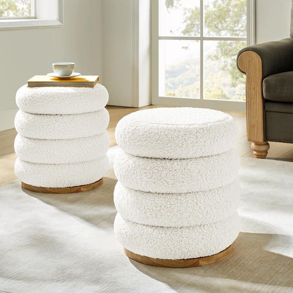 Anibal White Sherpa Round Swivel Ottoman with Solid Wood Legs Set of 2