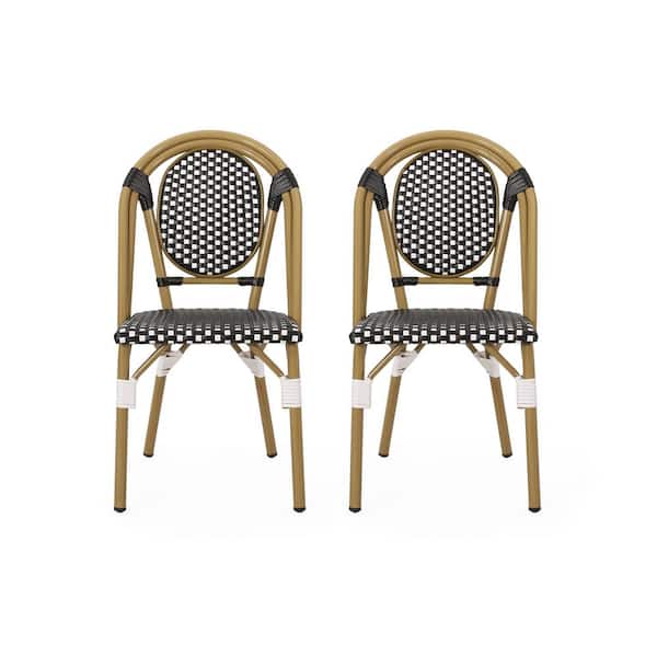 Black White Bamboo Print Finish PE Rattan and Aluminum French Bistro Chairs (2-Pack)