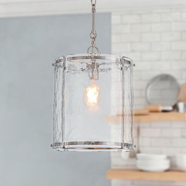 12.6 in. 1-Light Modern Farmhouse Nickel Adjustable Chain Pendant Light with Cylinder Handcrafted Textured Glass Shade