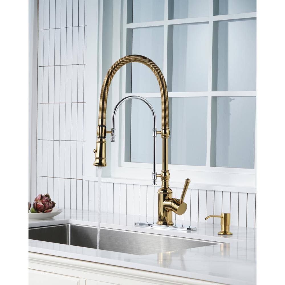 Gold and Chrome High-Arc Kitchen Faucet with Pull-out Spray