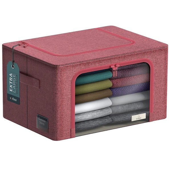 Pink 24 in. x 14 in. Fabric Decorative Box Set of 1, Jumbo Stackable Storage Bins with Metal Frame, Window, & Handles