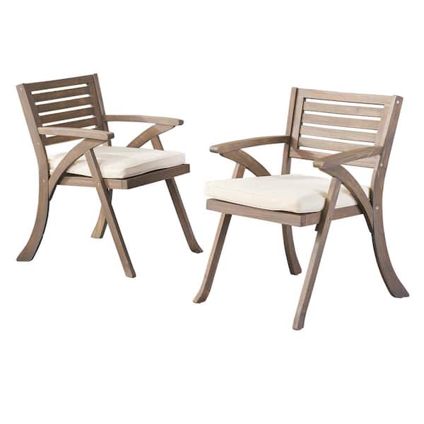 Siavonce Teak Brown Acacia Wood Outdoor Lounge Arm Chair with Beige Cushion (Set of 2)