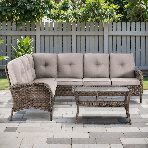 moosprr 3-Piece Brown Wicker Outdoor Sectional Set with Olefin Beige Cushions and L-Shaped Sofa/Coffee Table