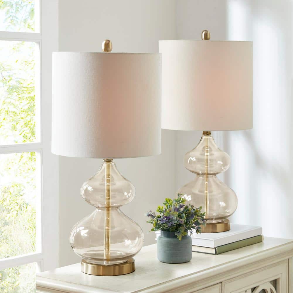 Gold Gourd Shape Glass Table Lamp Set with Drum Shade
