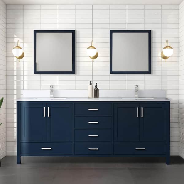 Lexora Jacques 80 in. W x 22 in. D x 34 in. H Freestanding Bath Vanity in Navy Blue with White Quartz Top
