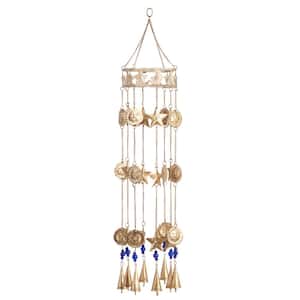32 in. Gold Metal Sun and Star Indoor Outdoor Windchime with Glass Beads and Cone Bells