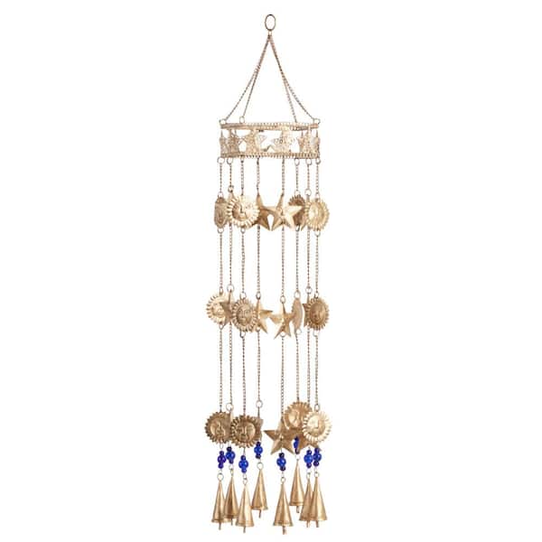 Litton Lane 32 in. Gold Metal Sun and Star Indoor Outdoor Windchime with Glass Beads and Cone Bells