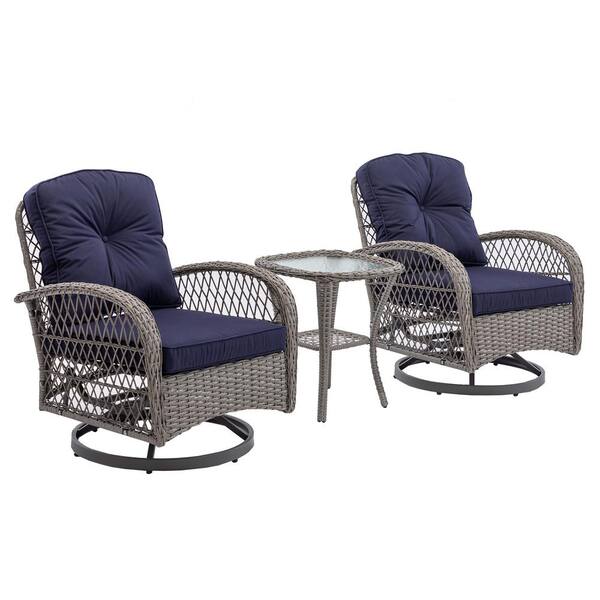 Cisvio Wicker Outdoor Rocking Chair with Navy Blue Cushion, 360-Degree Rocking Chairs and Tempered Glass Top Side Coffee Table