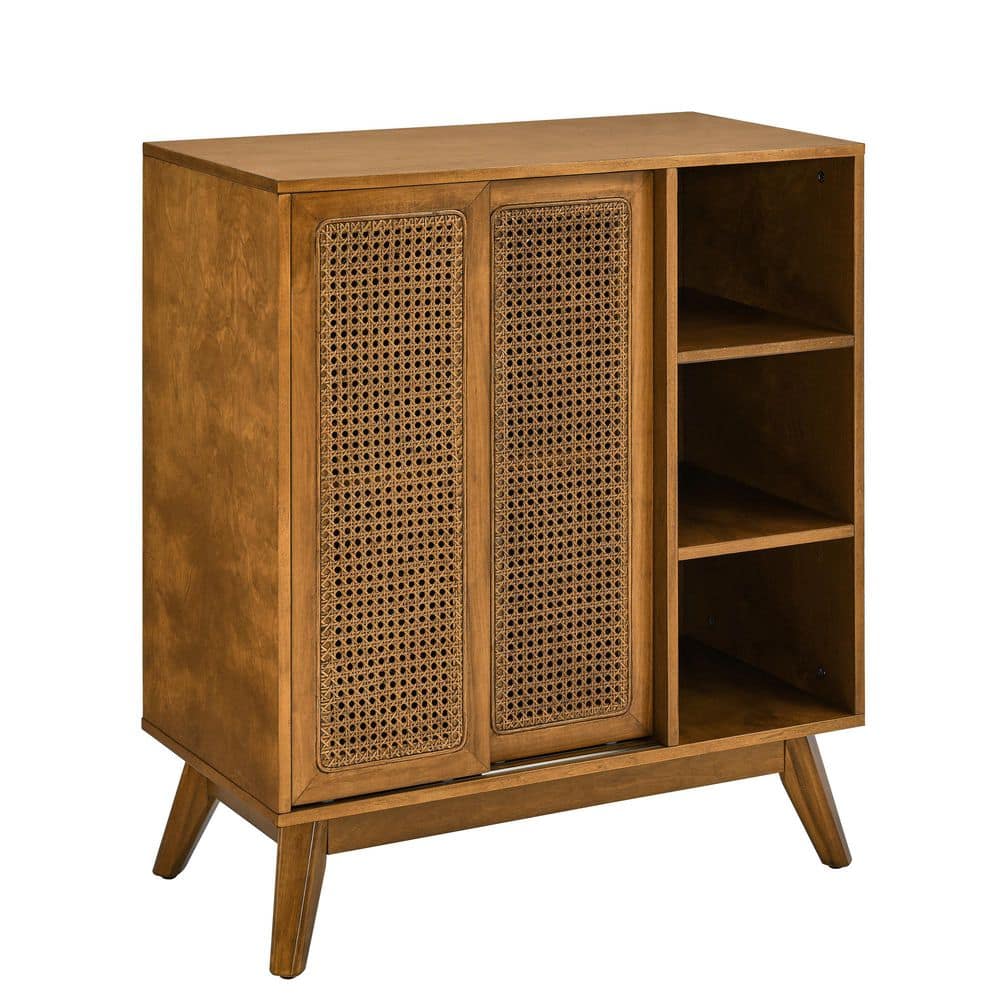 Marlow Mid-Century Modern Light Walnut 36 in. H Wood Storage Cabinet with Rattan Doors and Adjustable Shelves