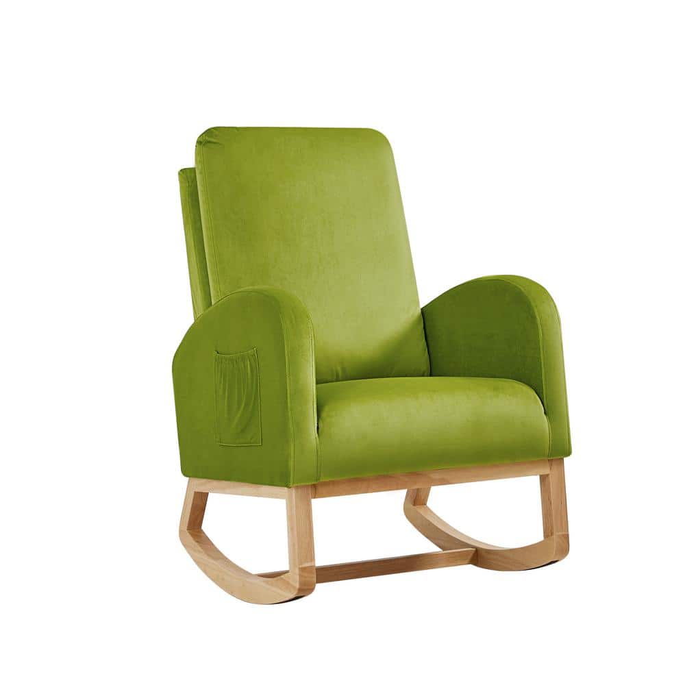 Green Velvet Upholstered Rocking Chair for Nursery High Back Accent Glider Rocker Armchair with Side Pocket and Wood Leg
