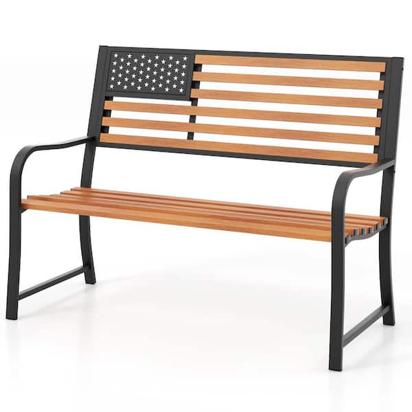 ANGELES HOME 50 in. Metal Garden Outdoor Bench with Flag Pattern Backrest and Rustic Wood Grain Finish