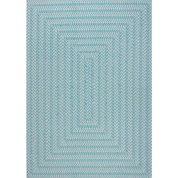 Chevron Modern Concentric Squares Aqua/Light Gray 8 ft. x 10 ft. Indoor/Outdoor Area Rug