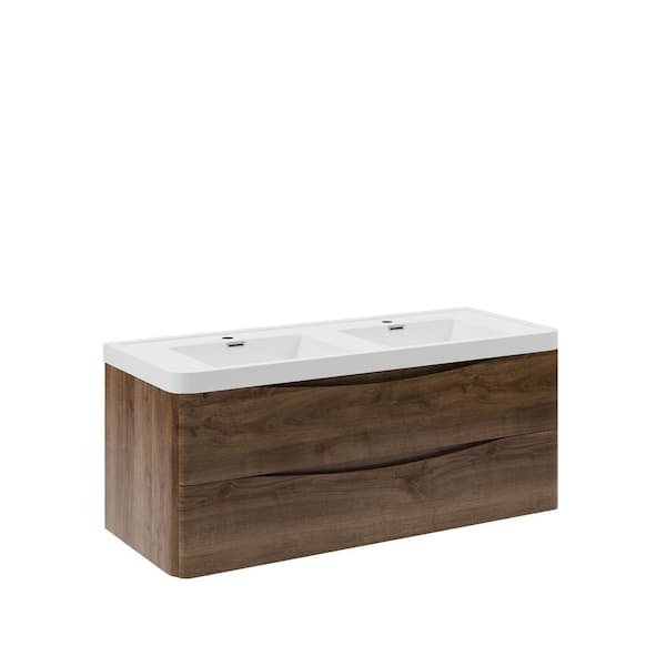 Tuscany 48 in. Modern Double Wall Hung Vanity in Rosewood with Vanity Top in White with White Basins