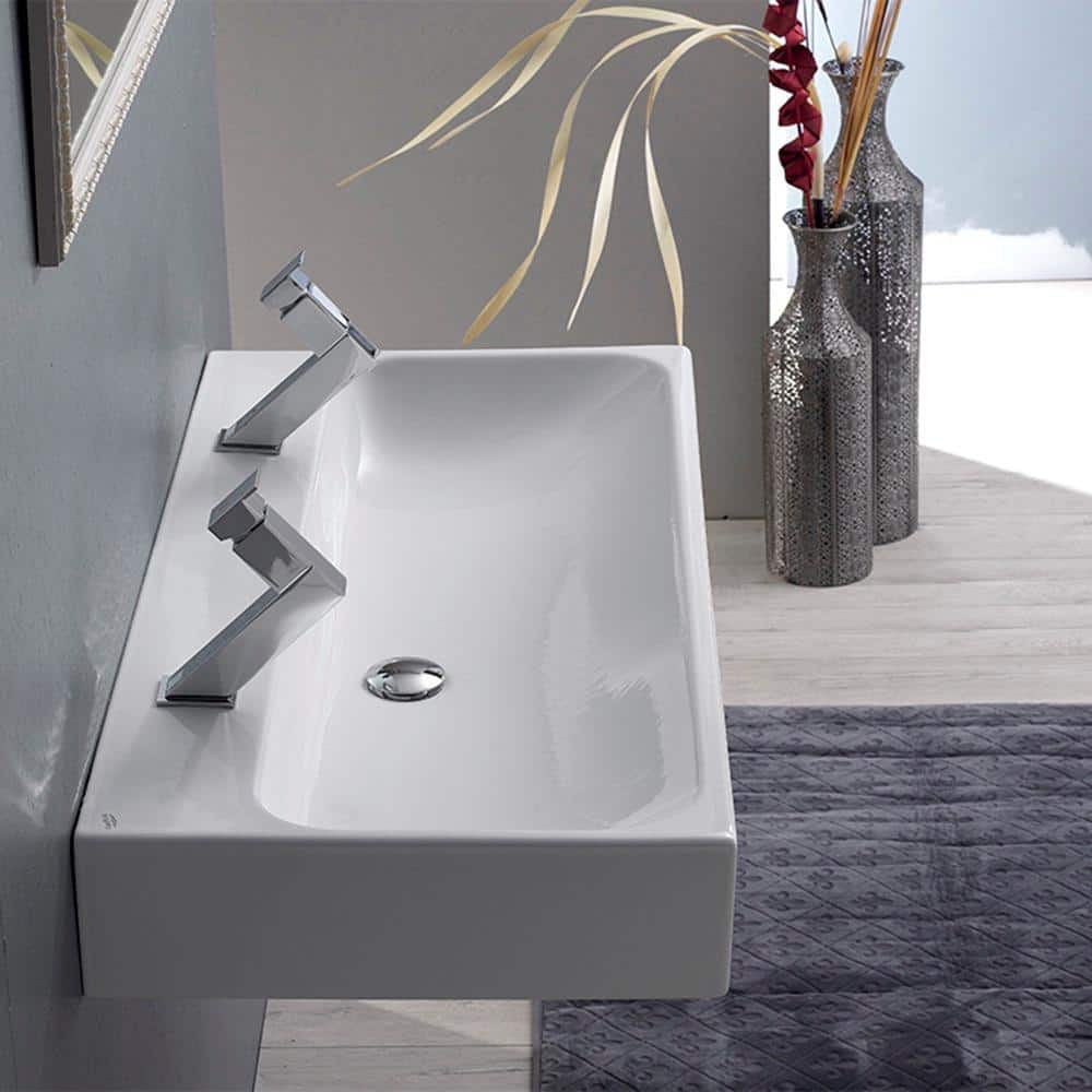 Modern White Ceramic Wall-Mount Bathroom Sink with Overflow