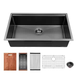 33 in. Undermount Single Bowl 16 Gauge Gunmetal Black Stainless Steel Workstation Kitchen Sink Basin with Accessories