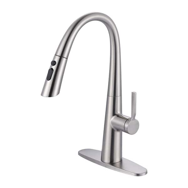 WOWOW 17.7 in. Single Handle Pull Down Sprayer Kitchen Faucet with 360° Swivel Spout in Brushed Nickel