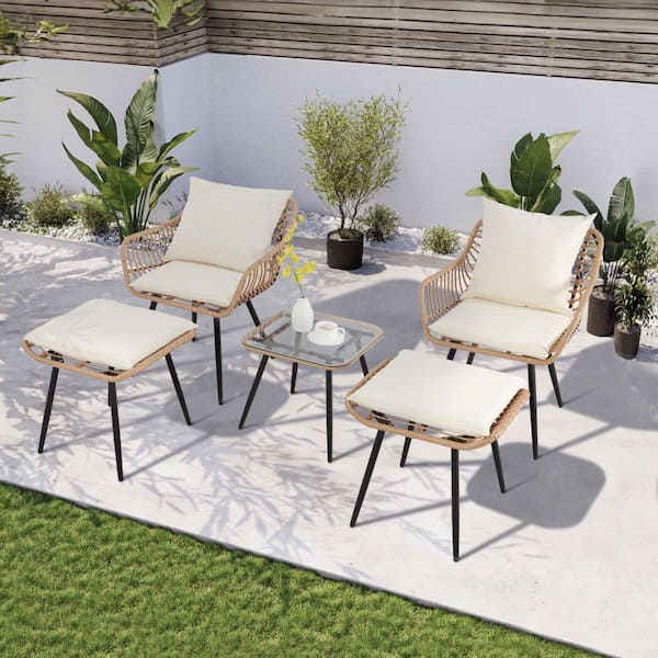 JUSKYS Bohemian Light-Brown 5-Piece Outdoor Wicker Furniture Set with 2-Chairs, 2-Ottomans, 1-Coffee Table, Off-White Cushions