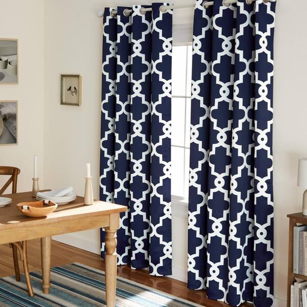 EXCLUSIVE HOME Ironwork Peacoat Blue Woven Trellis 52 in. W x 108 in. L Noise Cancelling Thermal Grommet Blackout Curtain (Set of 2)