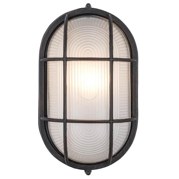 Bel Air Lighting Aria 11 in. 1-Light Rust Oval Bulkhead Outdoor Wall Light Fixture with Ribbed Glass