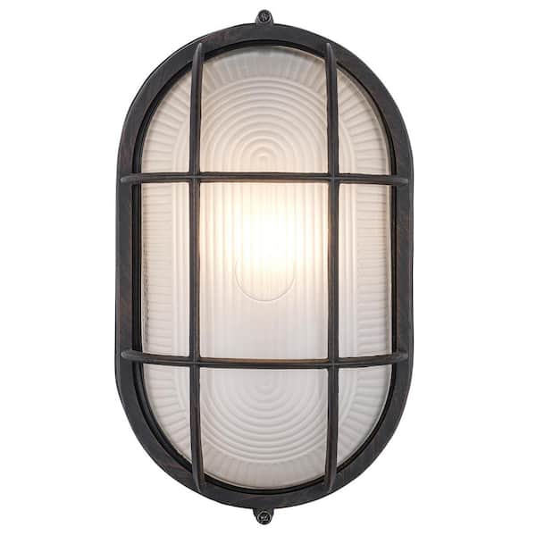 Aria 11 in. 1-Light Rust Oval Bulkhead Outdoor Wall Light Fixture with Ribbed Glass