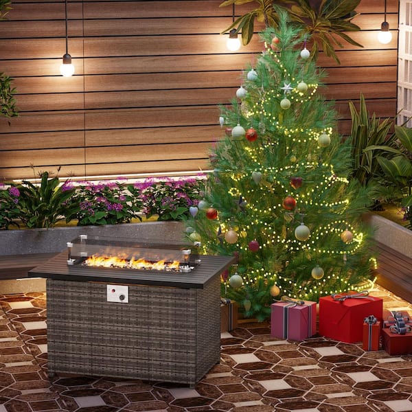 JOYSIDE 43 in. 50000 BTU Wicker Propane Gas Fire Pit Table with Free 7ft Christmas Tree