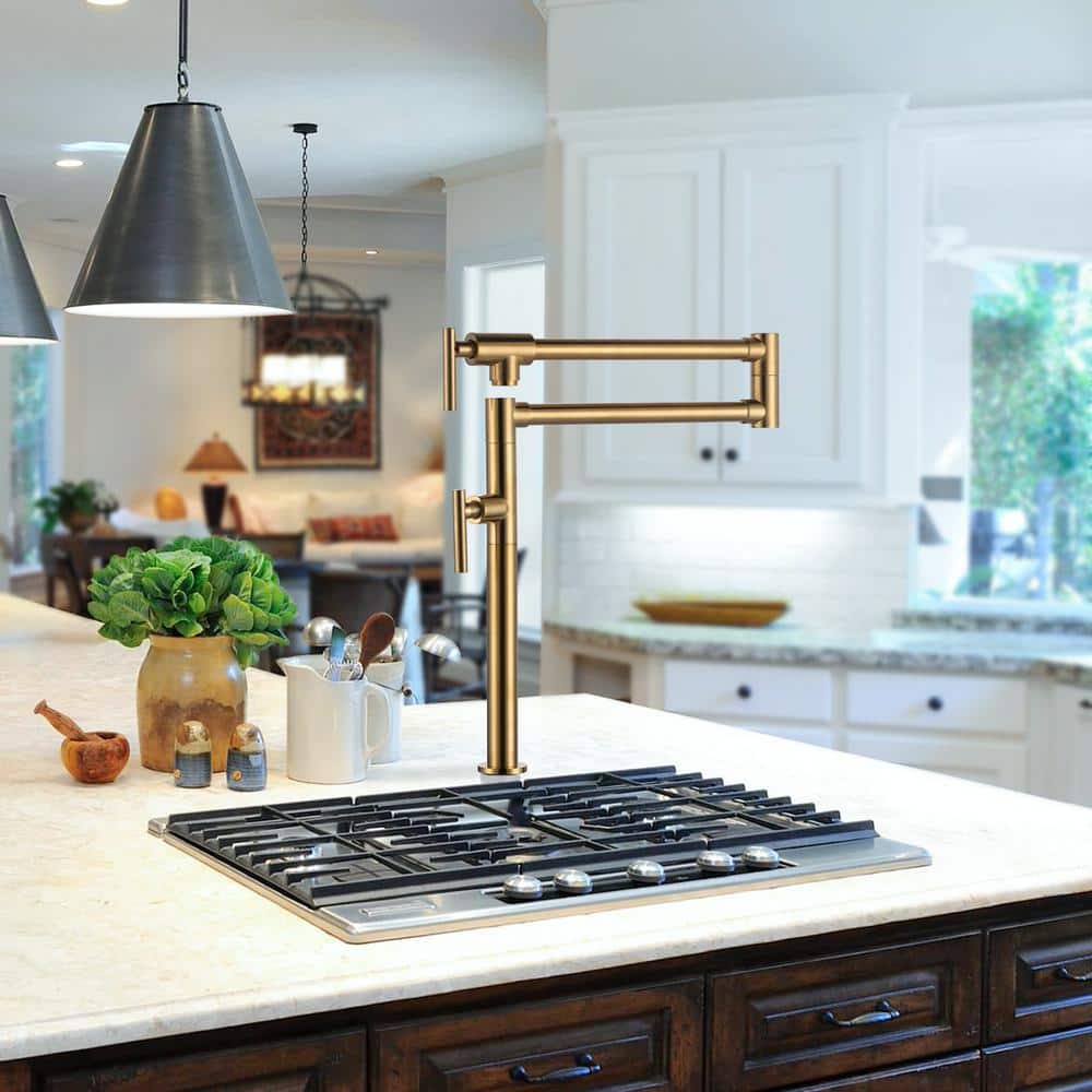 Brushed Gold Double Handle Deck Mounted Pot Filler Faucet