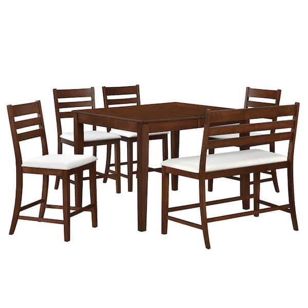 maocao hoom 6-Piece Brown Extendable Wood Dining Table Set with Removable Leaf, 4-Dining Chairs and Dining Bench