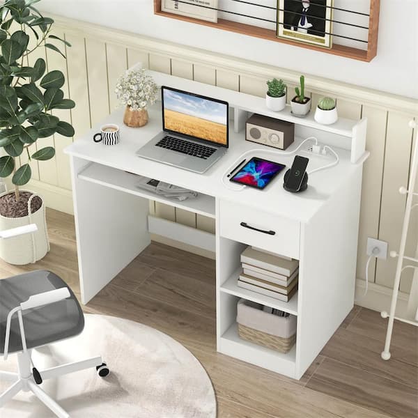 Costway 42 in. White Computer Desk with Charging Station Drawer