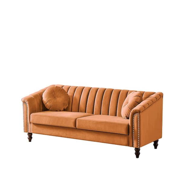 Wood Modern Velvet Upholstered Outdoor Sofa Couch with Orange Cushions, 3  Seat Tufted Back with Nail Arms with 2 Pillows TN201E-126 - The Home Depot