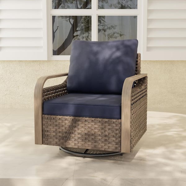 Outdoor Patio Swivel Brown Wicker Outdoor Rocking Chair with Blue Cushions