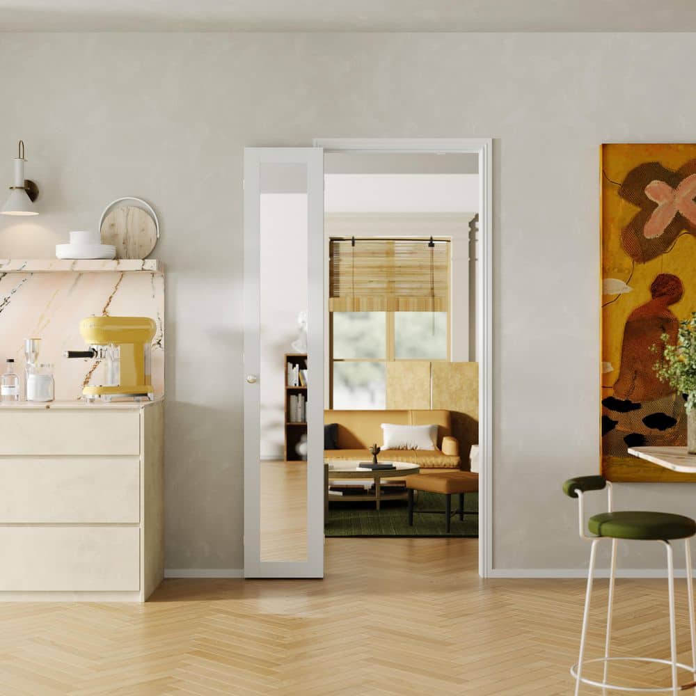 TENONER 30 in. x 80 in. 1-Lite Mirrored Glass Solid Core White PVC