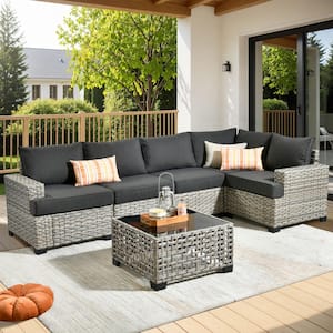 Tiberte Gray 6-Piece Wicker Patio Conversation Seating Set with Black Cushions