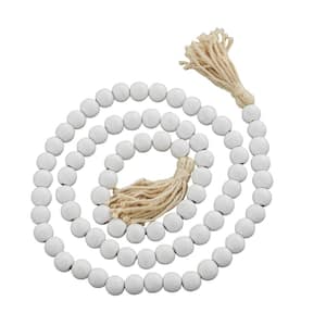 80 in. White Handmade Mango Wood Round Long Carved Beaded Garland with Tassel