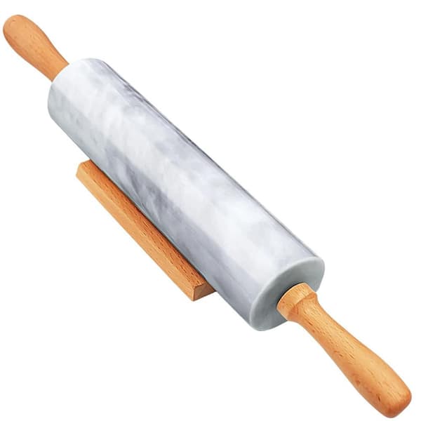 16.5 in. Marble Rolling Pin with Wooden Handles and Wood Cradle for Pie Crust, Cookie, Pasta
