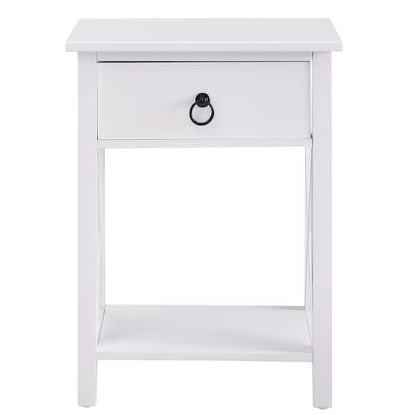 HOMESTOCK 12 in. White Rectangle Wood End Table with Drawer and Shelf Solid Narrow Side Table For Bedrooms Ideal For Small Spaces