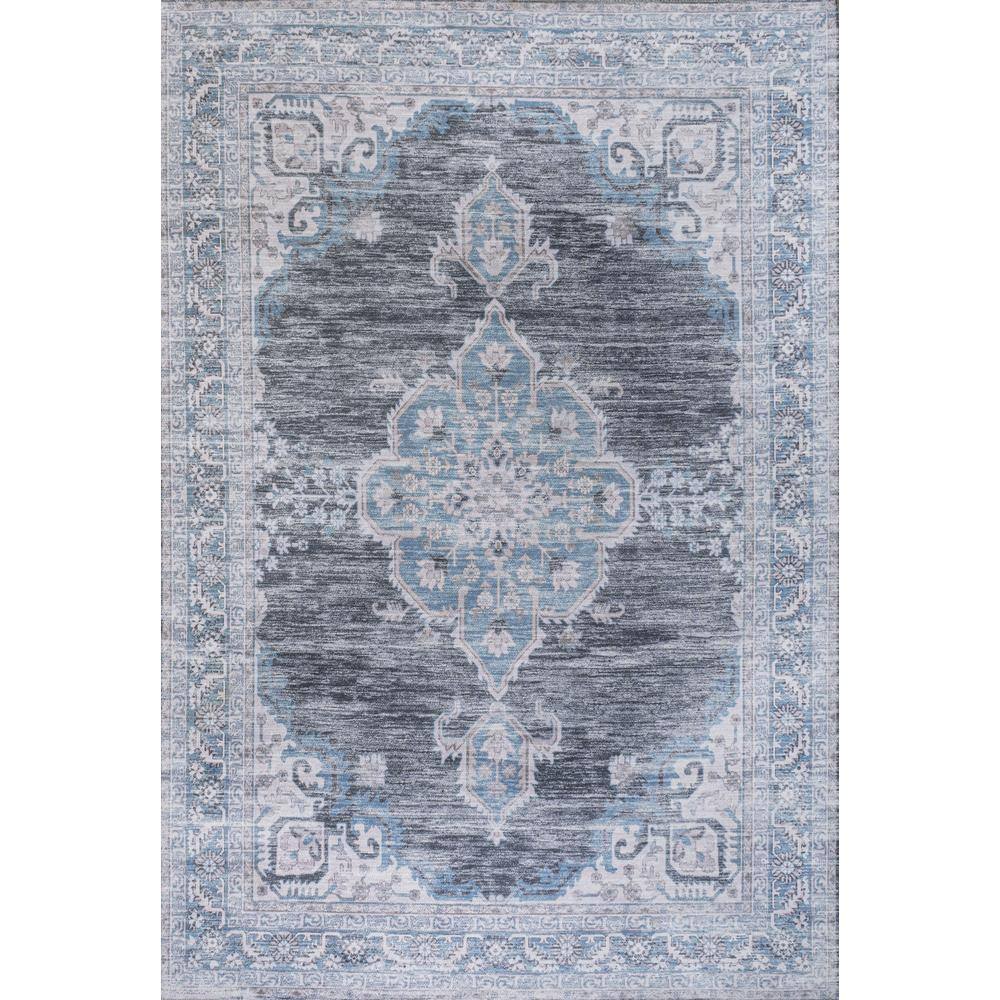 Gray and Blue Chenille Medallion Washable Area Rug