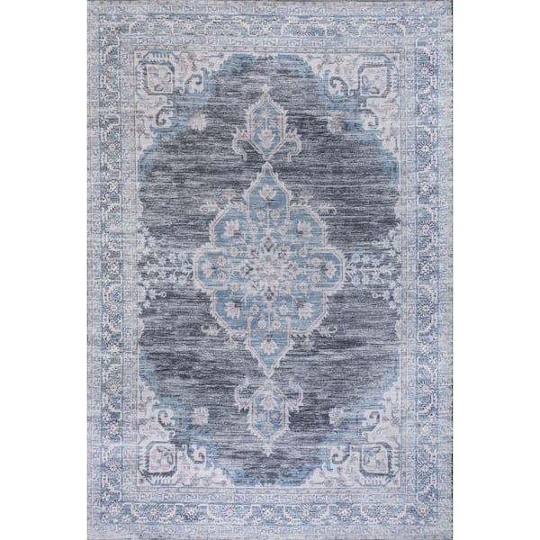 Wincer Chenille Cottage Medallion Machine-Washable Gray/Blue/White 4 ft. x 6 ft. Area Rug